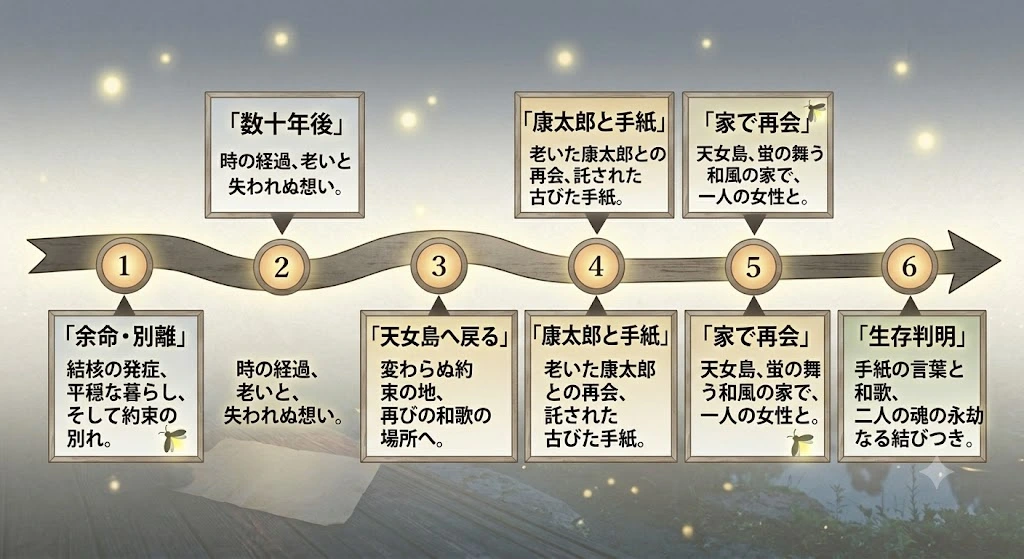 最終回ラスト時系列図】余命・別離から、数十年後、康太郎と手紙、家での再会、生存判明までを矢印で整理したテキスト中心の時系列図。